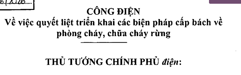 CÔNG ĐIỆN  Về việc quyết liệt triển khai các biện pháp cấp bách về phòng cháy, chữa cháy rừng